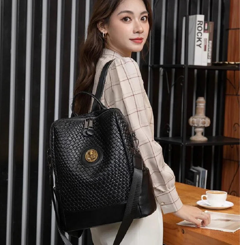 Fashion High Quality Woven Soft Leather Backpack Women Large Capacity Travel Bag