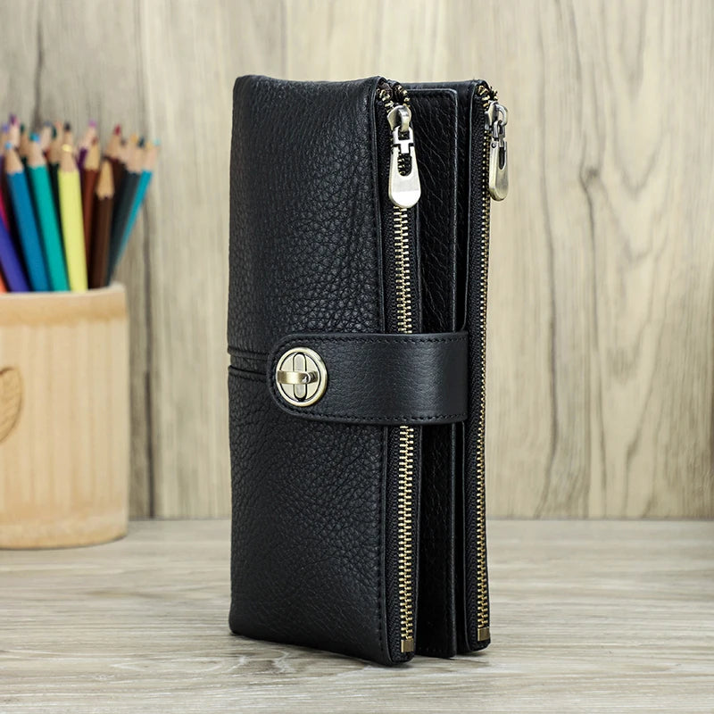 Genuine Leather Long Wallets Full Grain Leather Purse Card Holder Money Clip