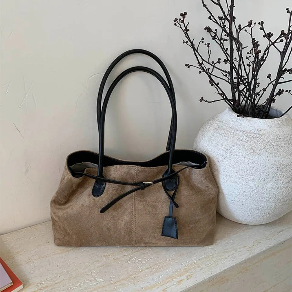 Vintage Faux Suede Leather Tote Bag Contrast Color Strap Casual Shoulder Handbag