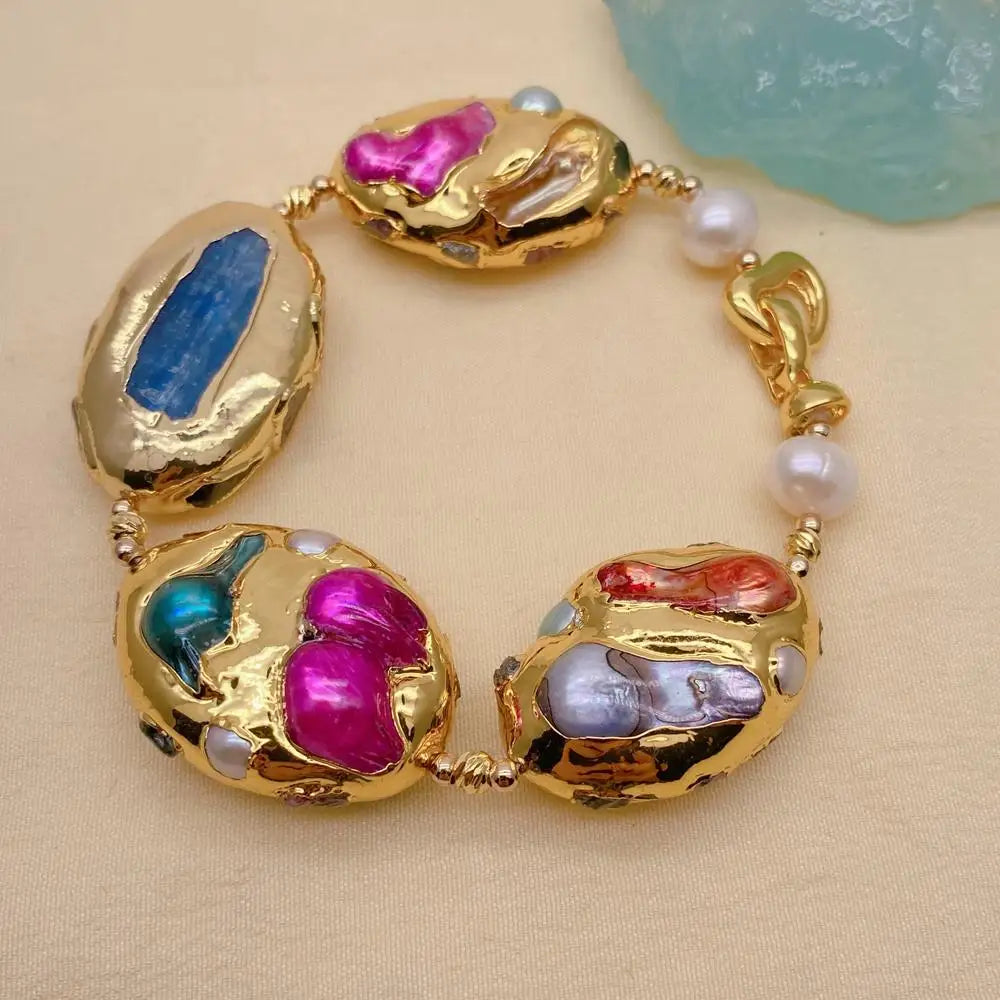 Blue Kyanite 24x35mm Multi Color Shell Pearl Bracelet