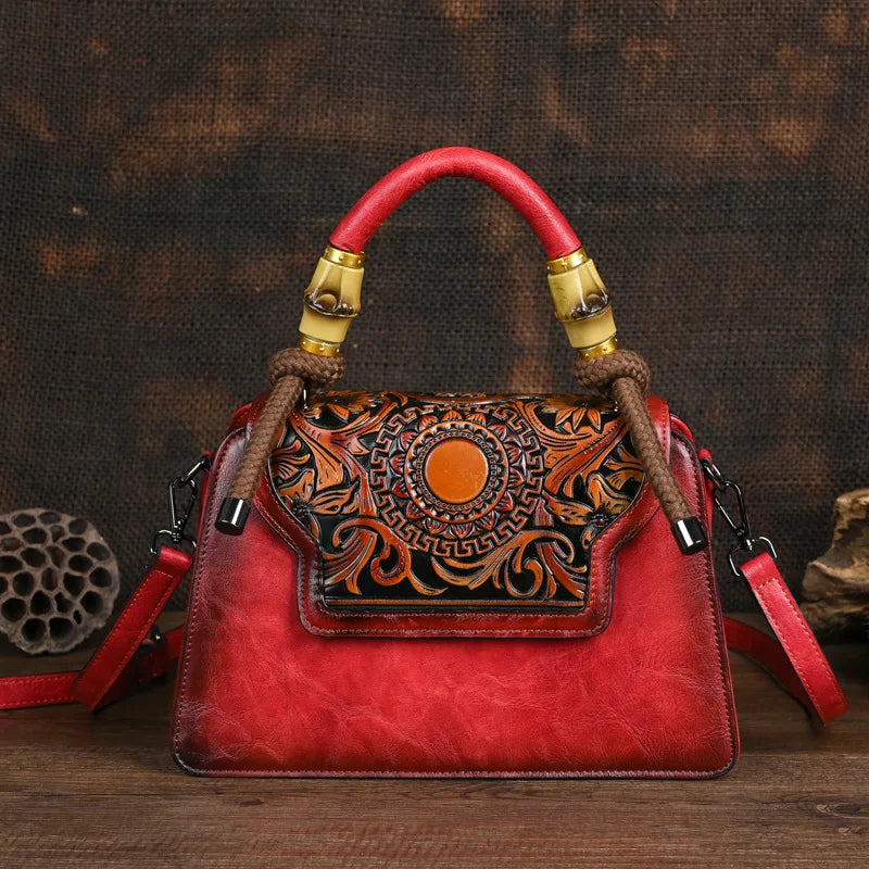 Vintage Handmade Embossed Women's Leather Luxury Handbag