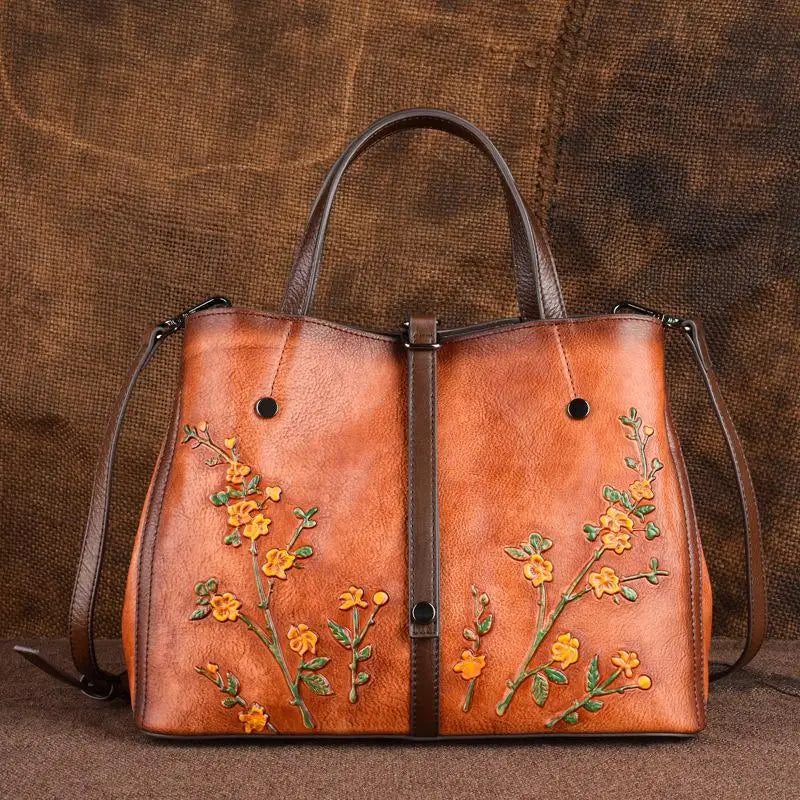 Genuine Leather Retro Embossed Women Crossbody Handbag
