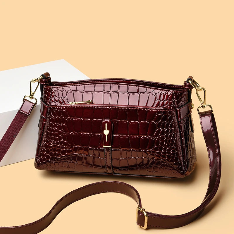 Luxury Patent Leather Handbag Crocodile Pattern Fashion