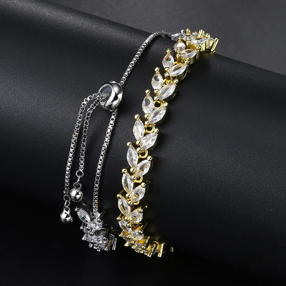 Cubic Zirconia Leaves Bracelet Bangle Adjustable Luxury