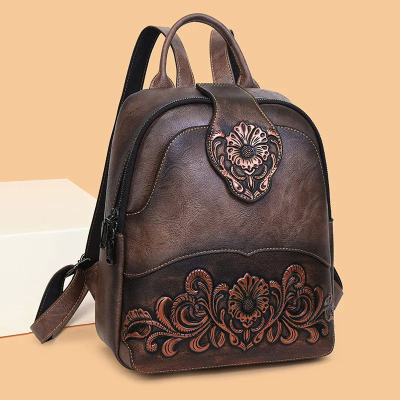 Vintage Embossing Women Backpacks Large Capacity Print Patchwork Travel Backpack