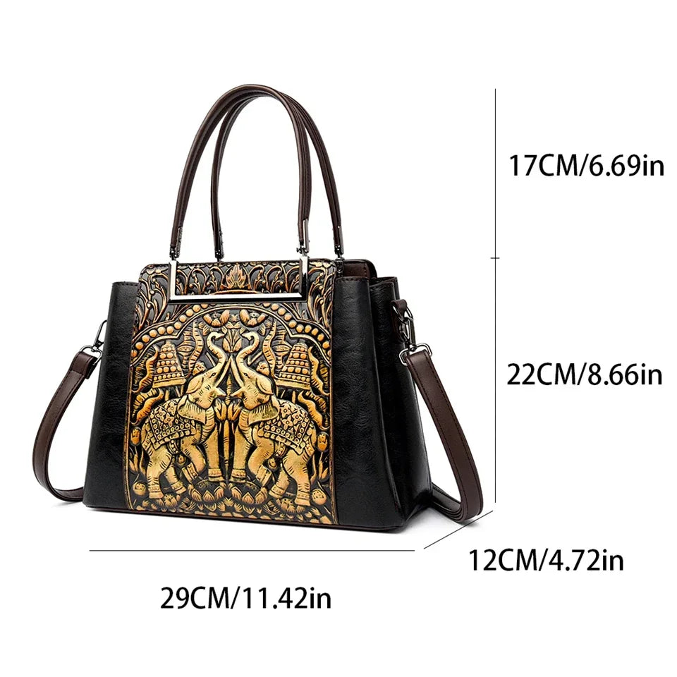 Vintage Embossed Handmade Handbag Versatile PU Leather Bag Large Capacity