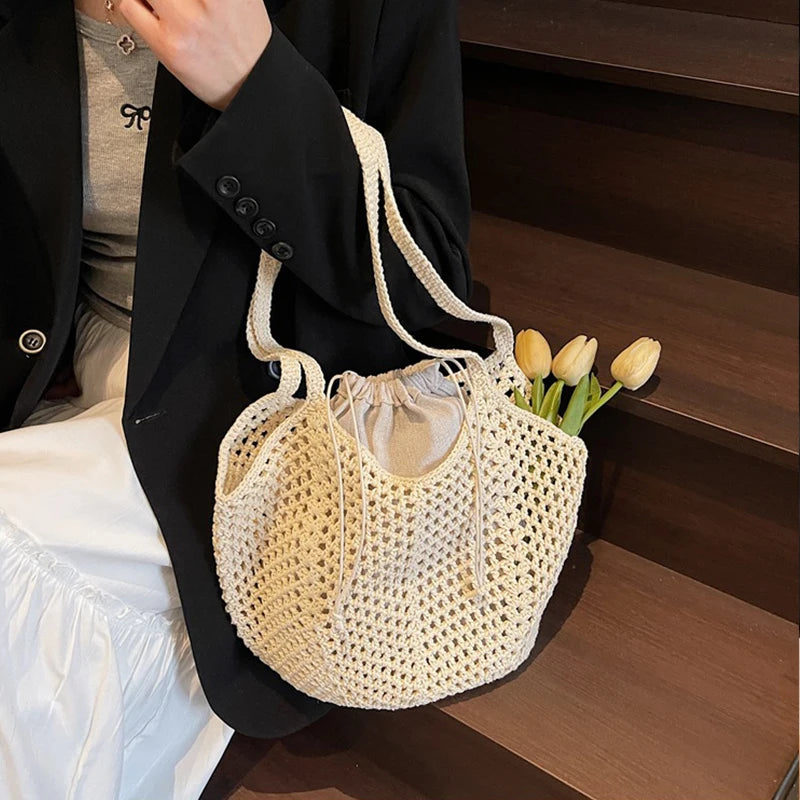 Chic Simple Large Capacity Shoulder Bags for Women Casual Straw Woven Tote Bag