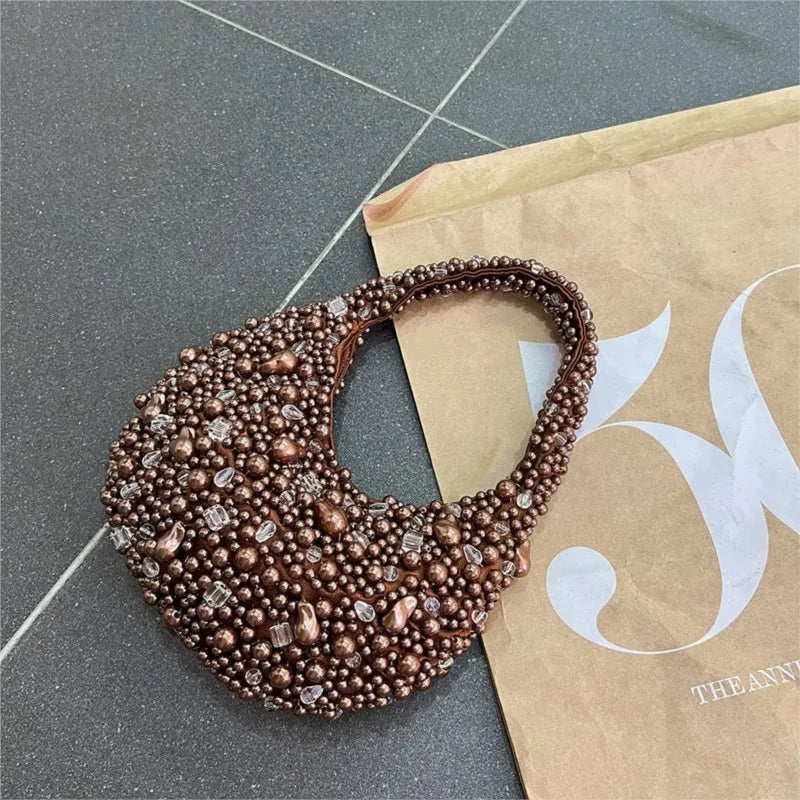 Half Moon Pearl Bag Woven Bead Bag Tassel Bucket Bag