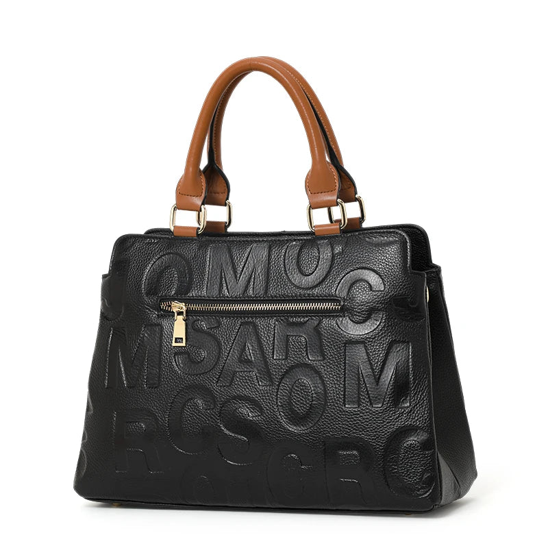 Ladies' Genuine Cowhide Leather Handbag with Letters Crossbody Large-Capacity Tote Bag