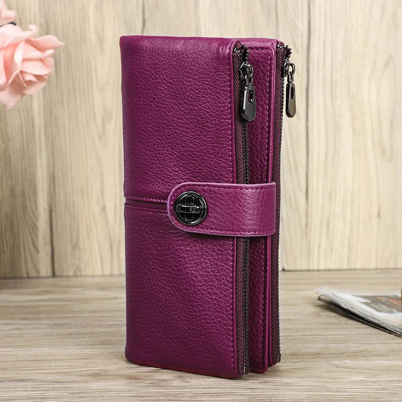 Genuine Leather Long Wallets Full Grain Leather Purse Card Holder Money Clip