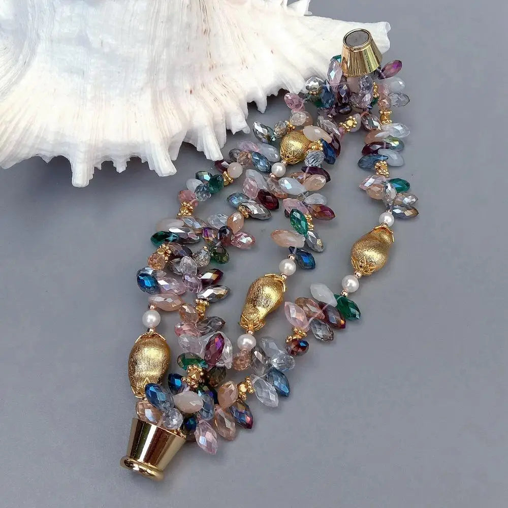 4 Strands 13x20mm Brushed Bead 6x12mm Multi Color Crystal  White Pearl Bracelet