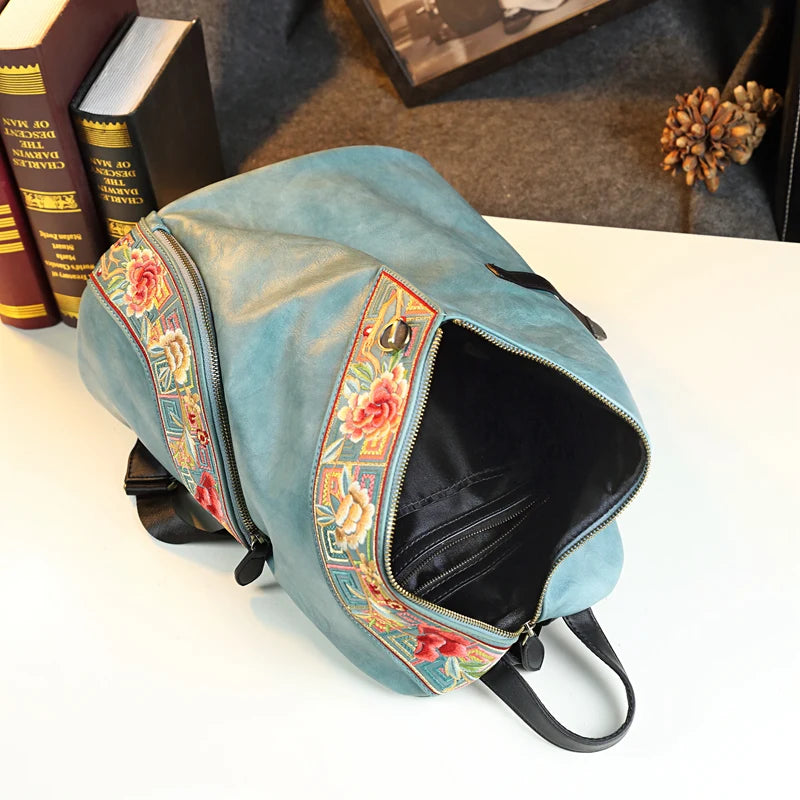 Retro Genuine Leather Women Backpack Embroidered Design Ladies Bag Travel Backpacks