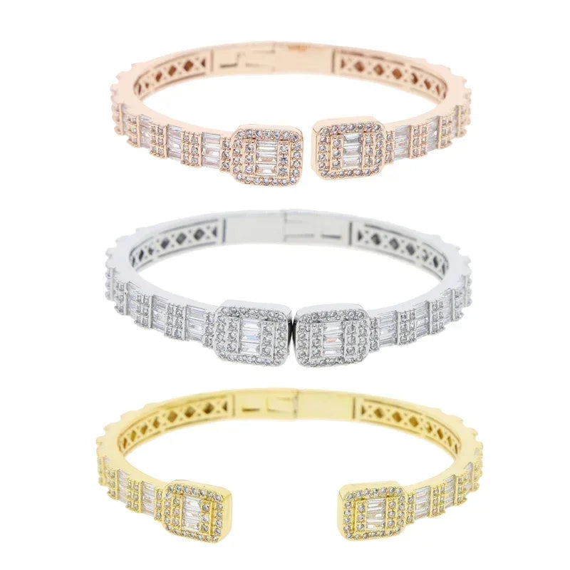 Rectangle Square Cubic Zirconia Charm Open Bangle Bracelet Women Fashion Jewelry