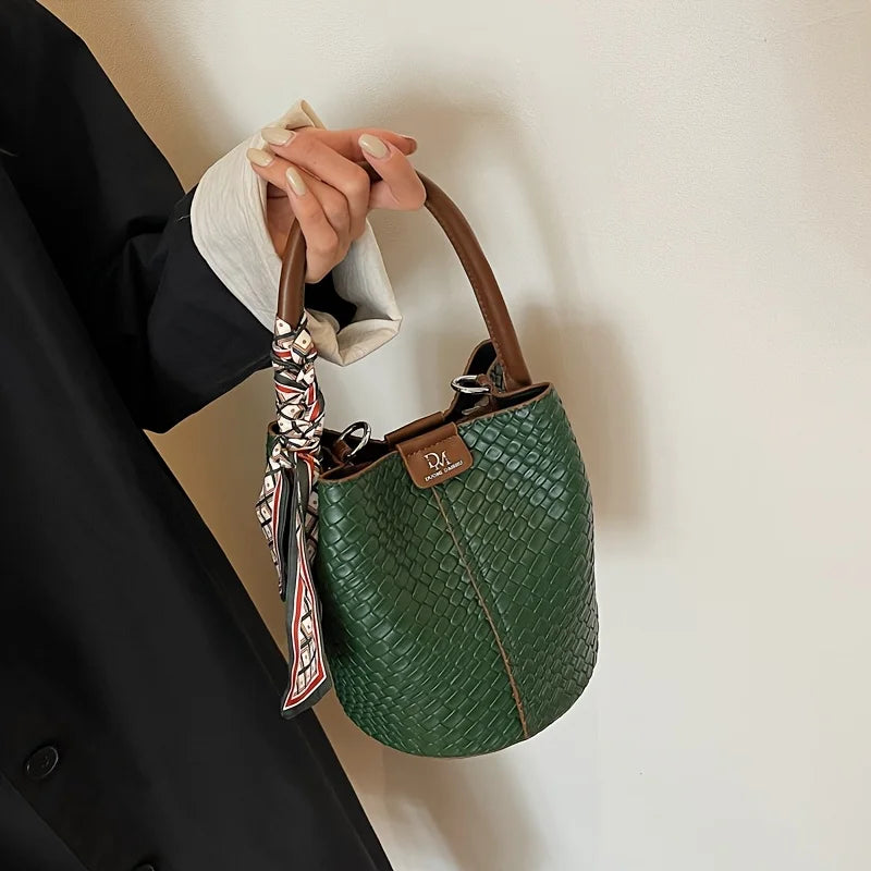 Fashionable Women's Bucket Bag Stylish Solid Color Woven Effect Handbag