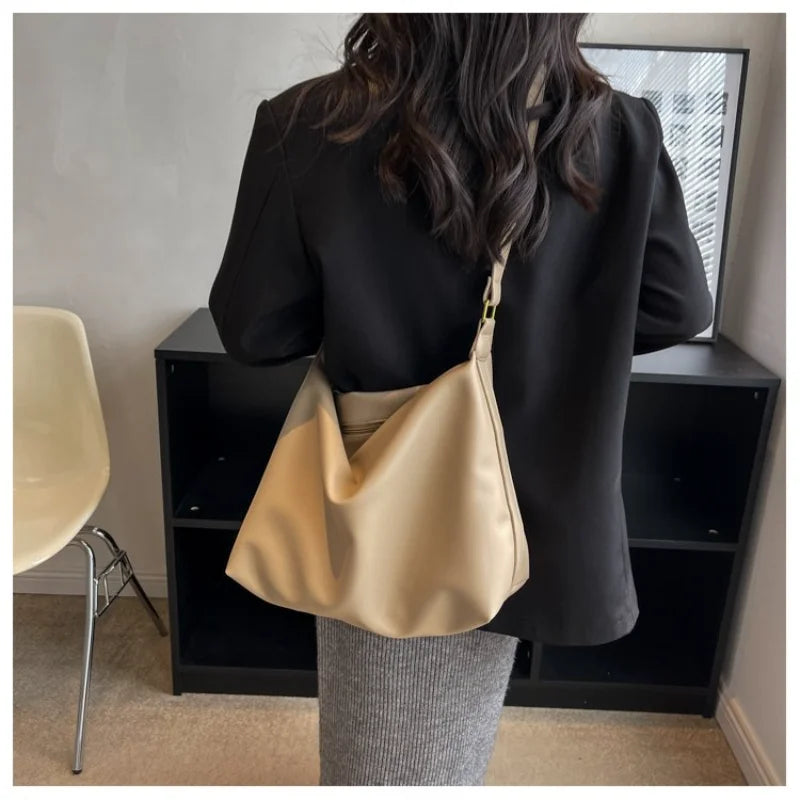 Neutral Style Tote Bag Faux Leather Construction Wide Strap