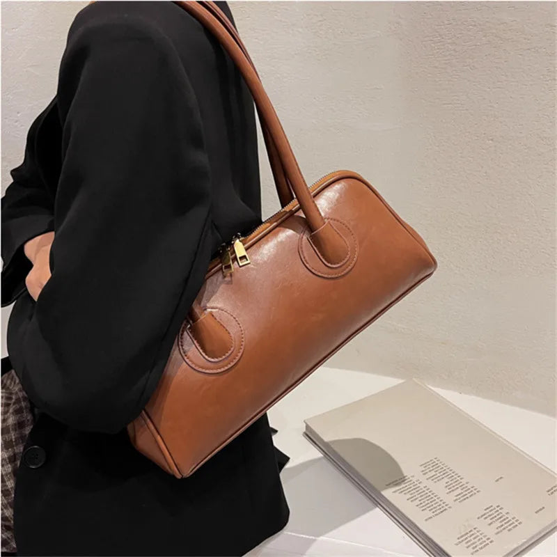 Classic Leather Handbag Retro Elegant Stylish Baguette Tote Bag
