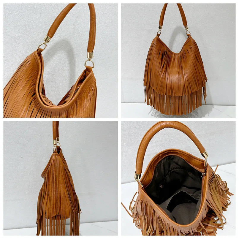 Large Capacity Tassel Shoulder Bags Leather Vintage Shoulder Crossbody Bags For Women