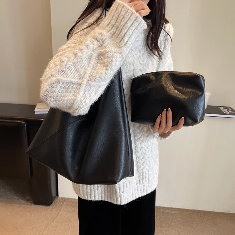 Retro Design Shoulder Bag Soft PU Leather Large Capacity Tote