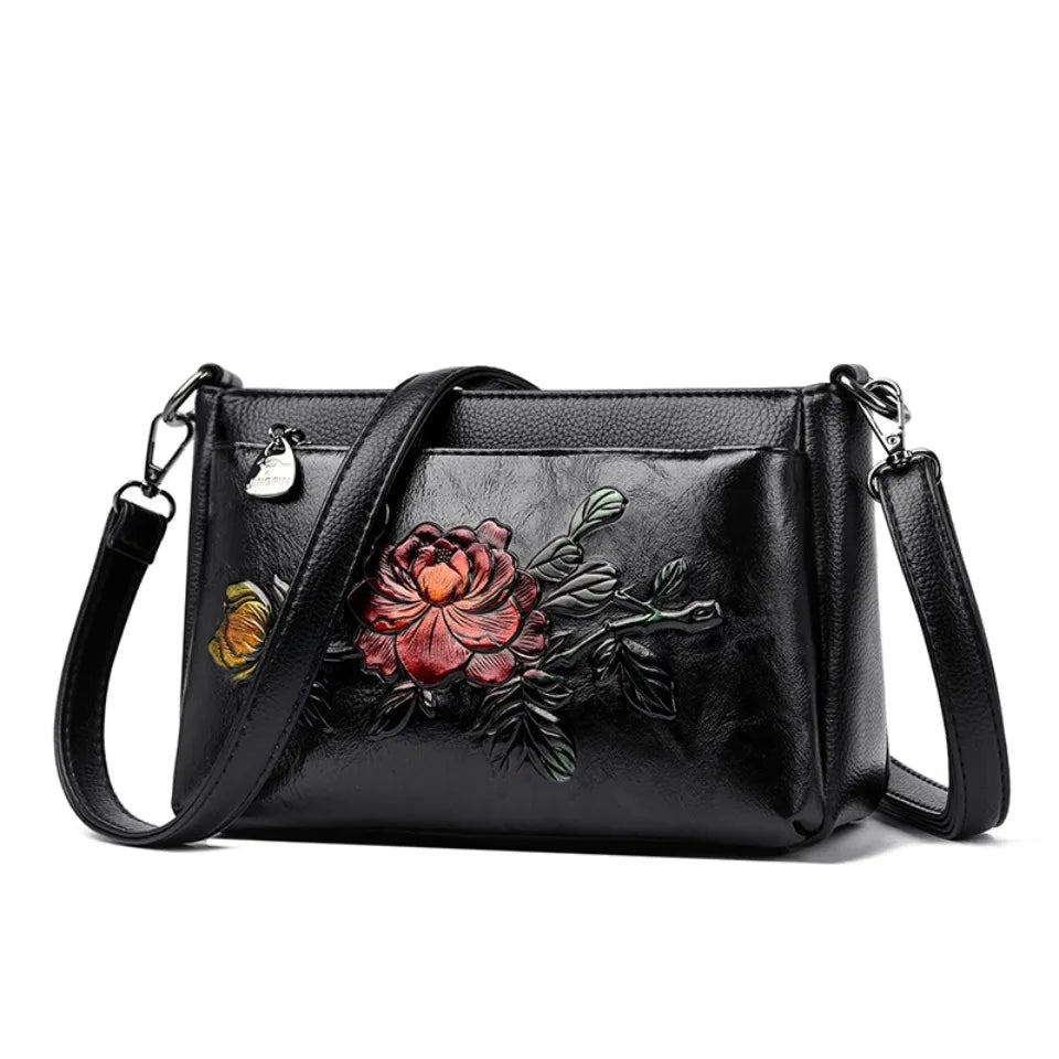 Genuine Brand Top Quality Pu Leather Vintage 3D Floral Embossed Elegant Handbag