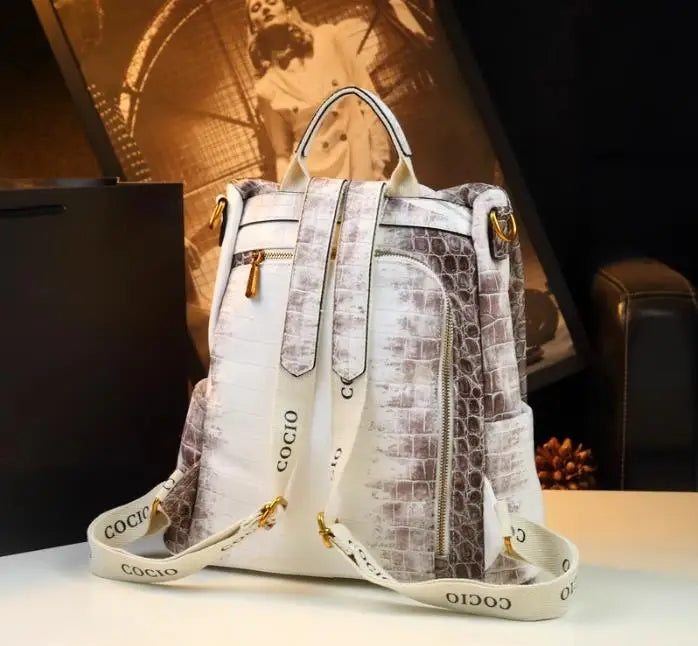 White Leather Crocodile Women Backpack Large Capacity Commuter Travel Backpacks