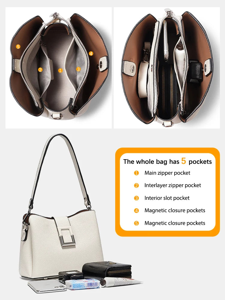 Genuine Leather Commuter Large Bucket Tote Handbag