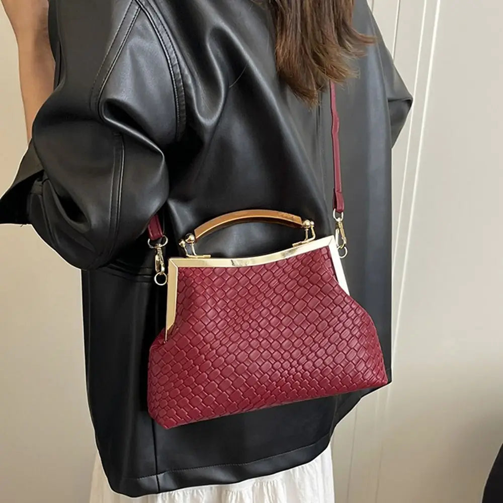 Large Capacity Woven Style PU Leather Retro Clip Lock Bag