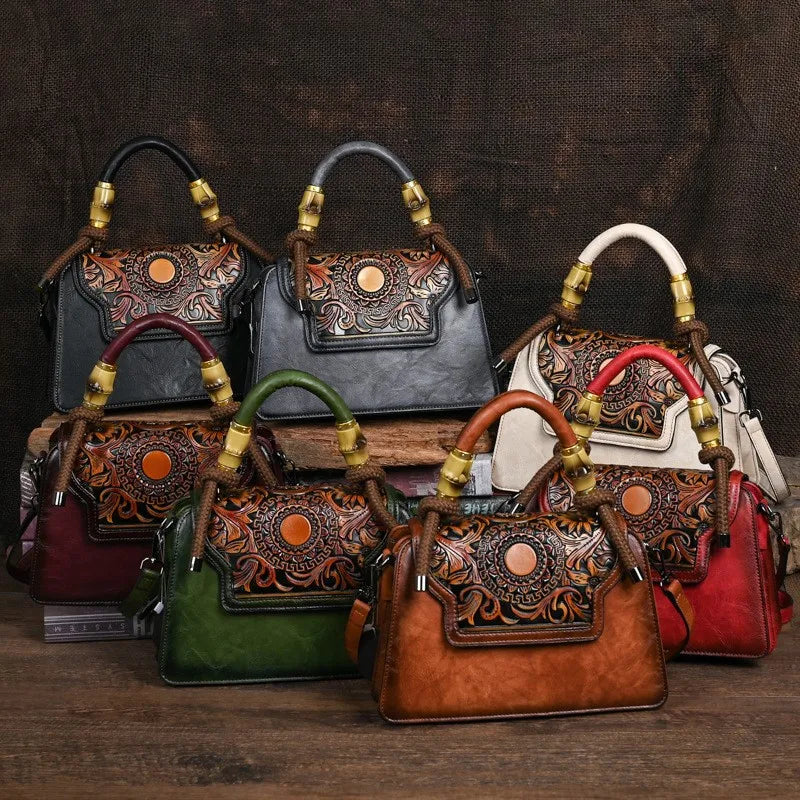 Vintage Handmade Embossed Women's Leather Luxury Handbag