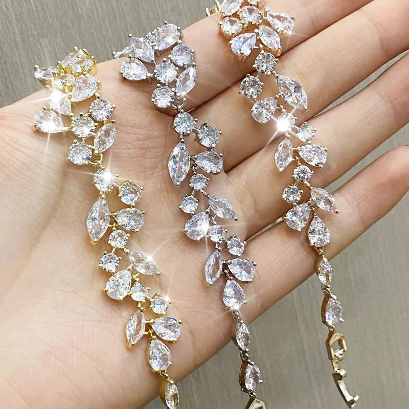 Luxury Leaf Shaped Bracelet Bangle White Cubic Zirconia