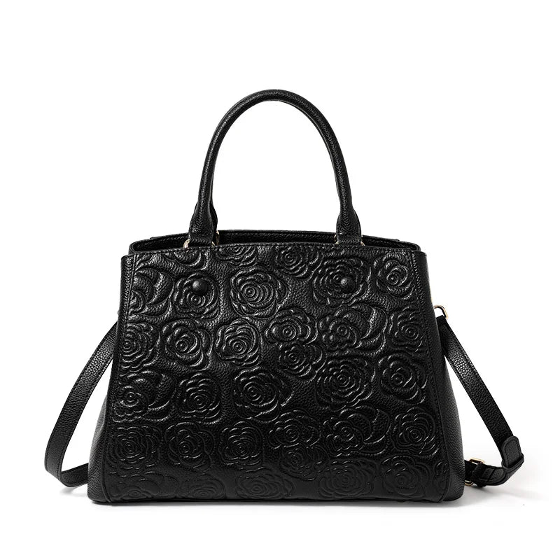 Leather high-sense handbag top layer leather rose pattern slung shoulder bag