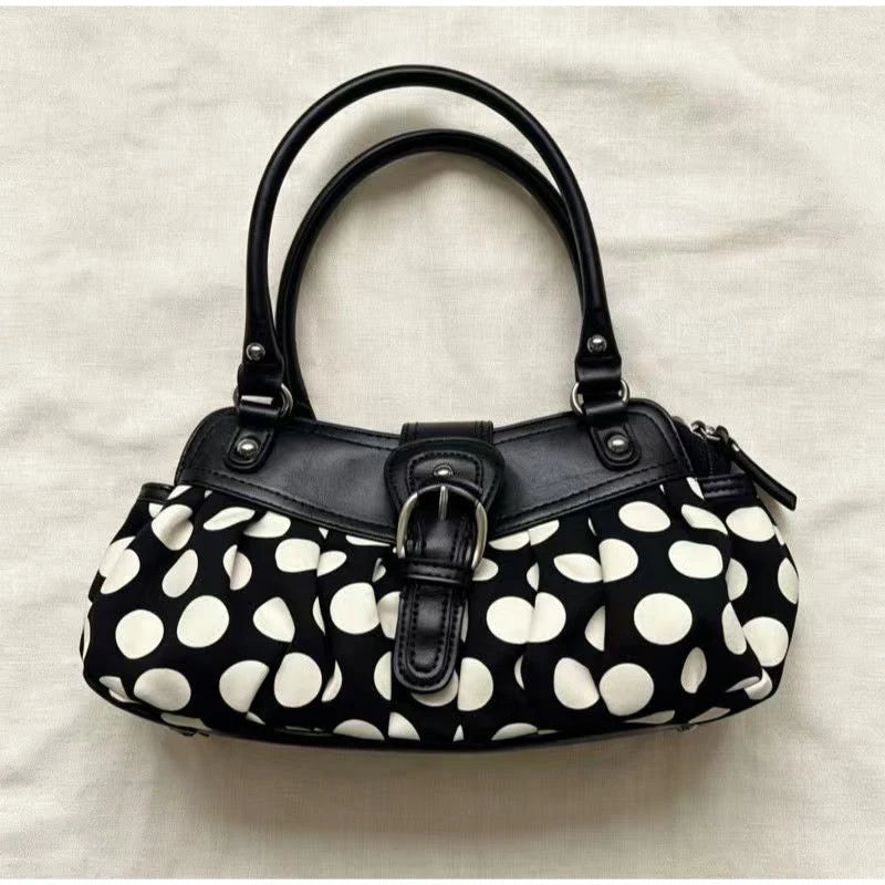 Stylish Pleated Retro Polka Dot Underarm Bag with Buckle Design