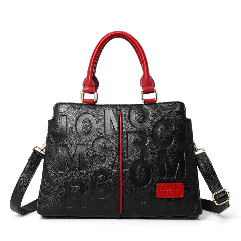 Ladies' Genuine Cowhide Leather Handbag with Letters Crossbody Large-Capacity Tote Bag