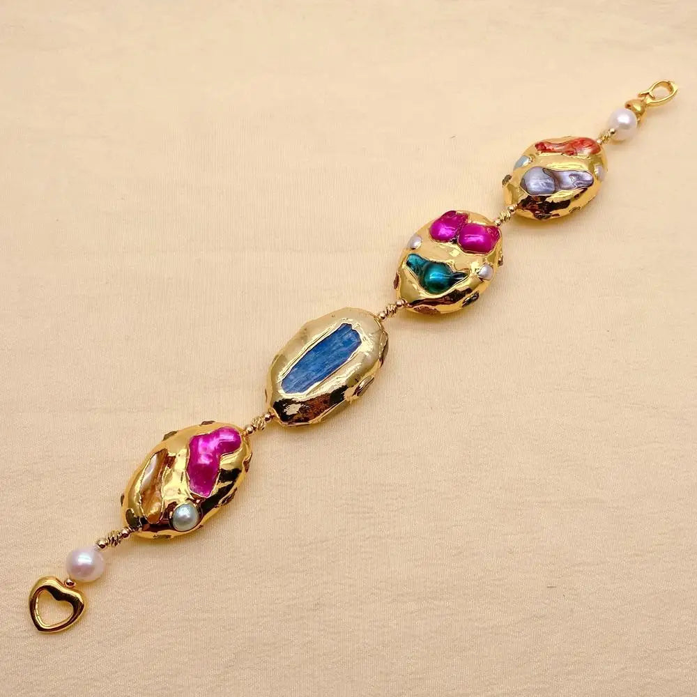 Blue Kyanite 24x35mm Multi Color Shell Pearl Bracelet