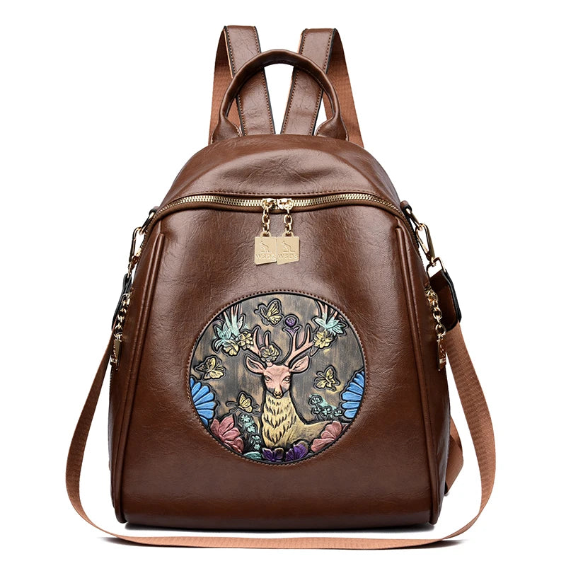 Vintage Deer Embossed Soft Leather Backpack Casual Large Capacity Rucksack