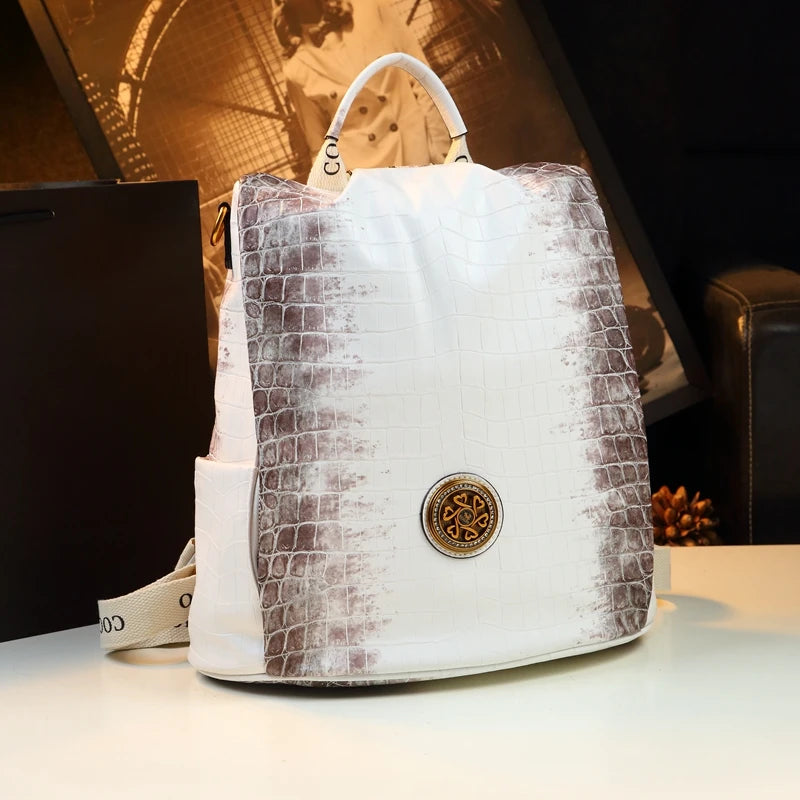 White Leather Crocodile Women Backpack Large Capacity Commuter Travel Backpacks