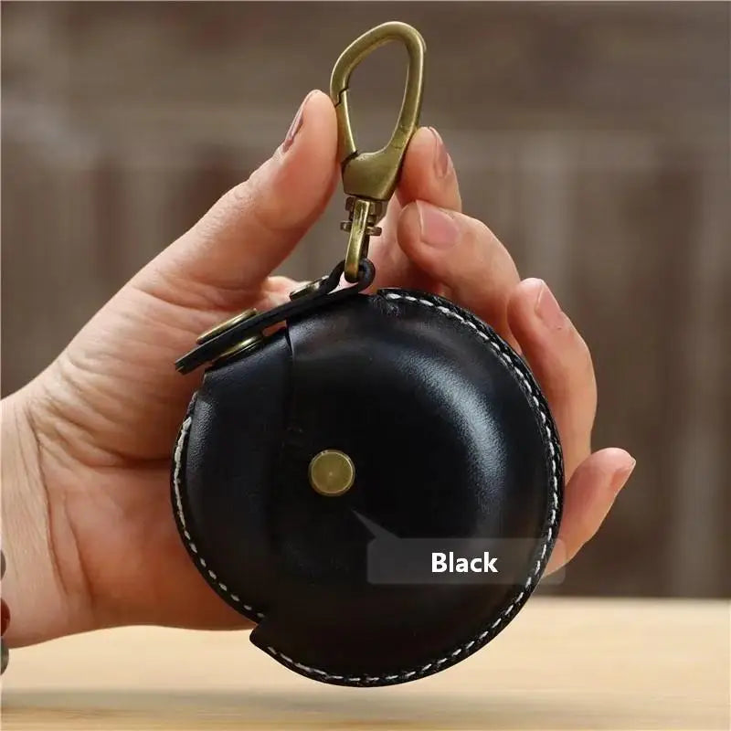 Handcrafted genuine leather small round Bluetooth earphone bag