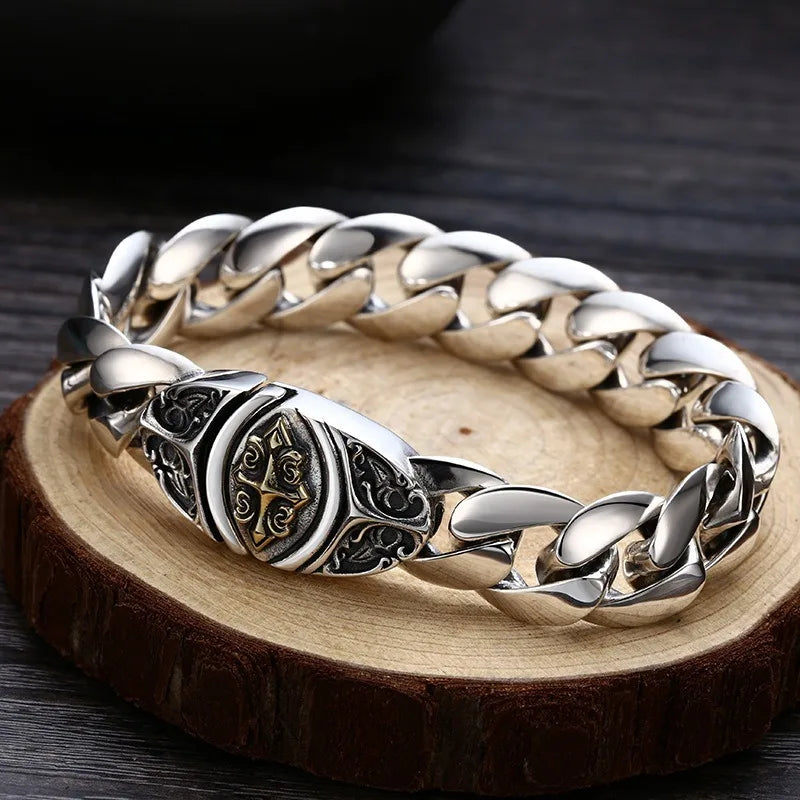 Cuban Link Bracelet Cross Design Vintage Gold Plated Jewelry