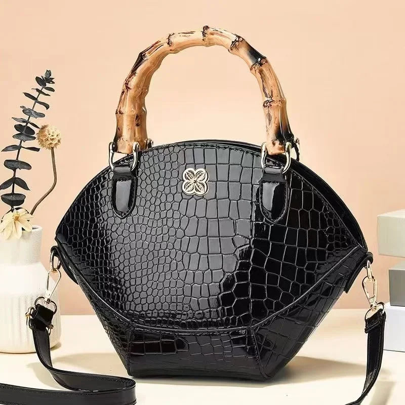 Fashionable Bag Texture Retro Bamboo Handbag Niche Creative Stone Pattern Leather Bag