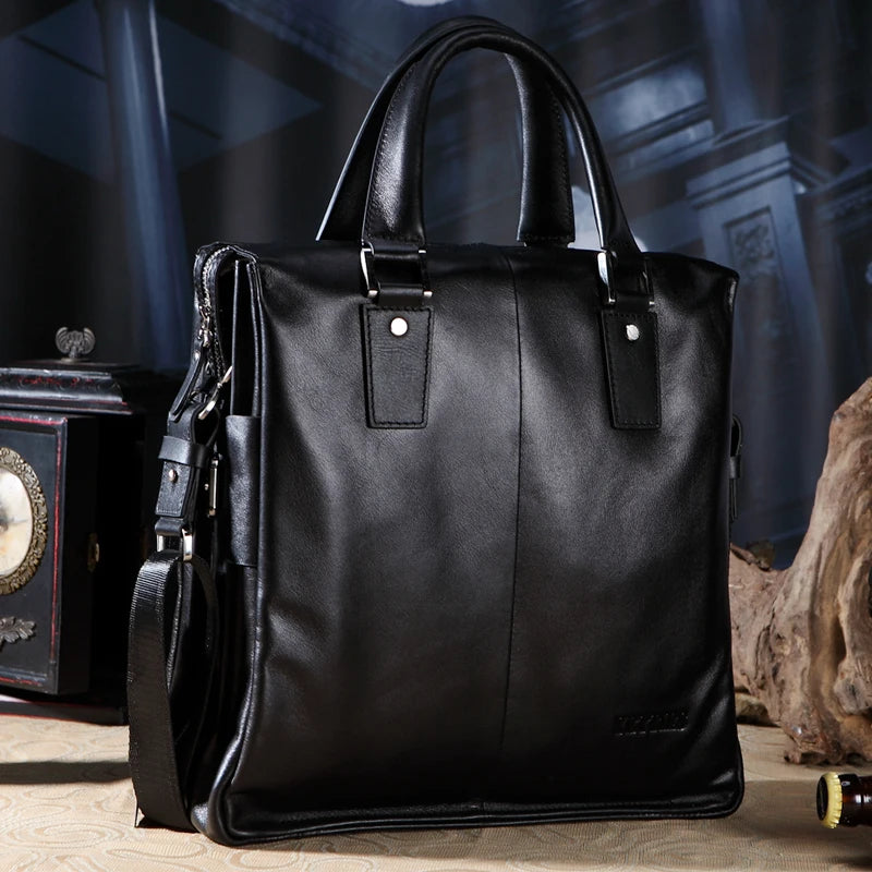 Men's Genuine Leather Vertical Briefcase 14 Inch Laptop Bag