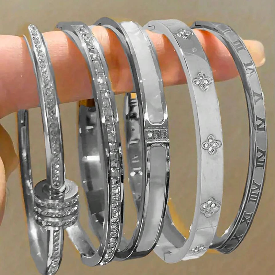 5/1pcs Sparkling Zirconia Inlaid Stainless Steel Bracelet
