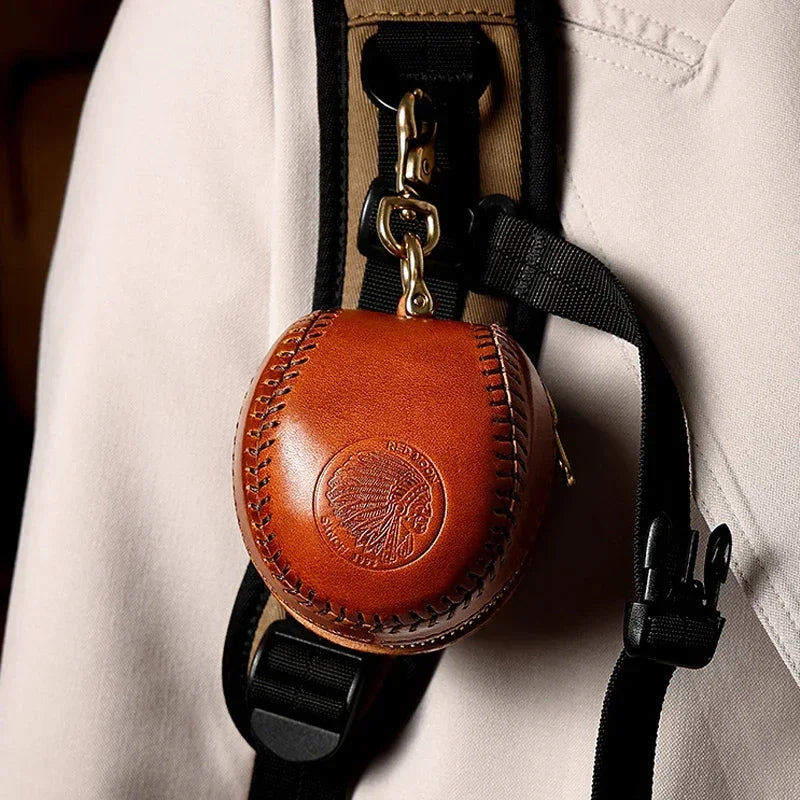 Handmade Leather Baseball Key Holder Bag Earphone Case Coin Purse