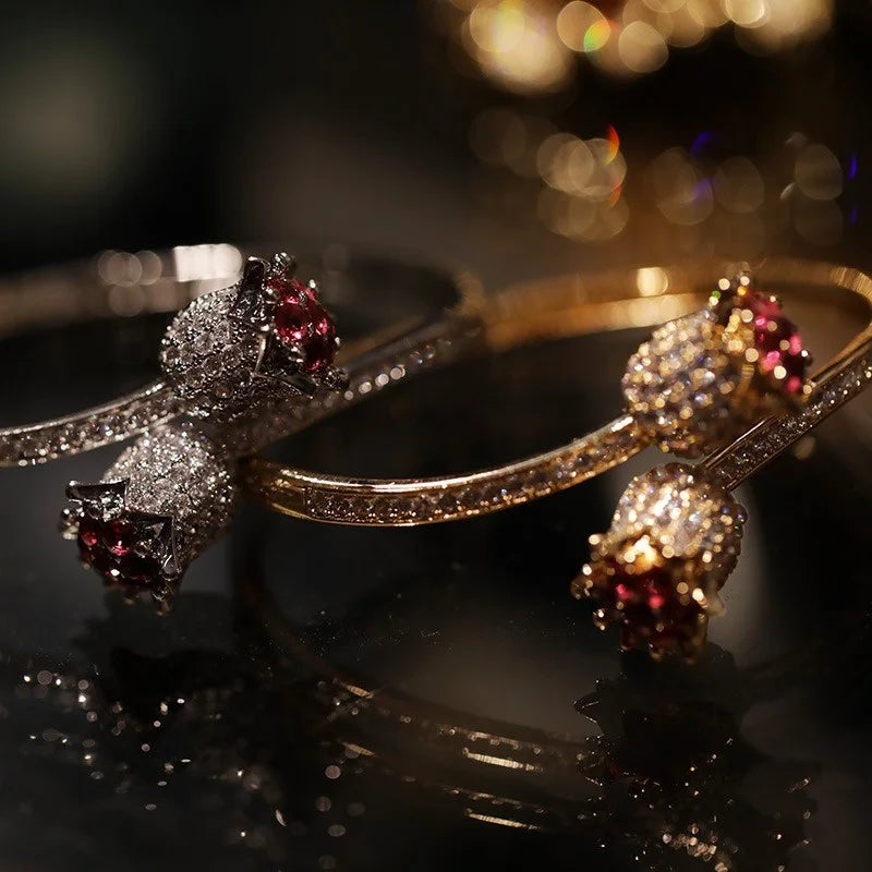 Luxury Zircon Open Rose Bracelets With Sparkling Crystals Chic Bangle Hand Jewelry
