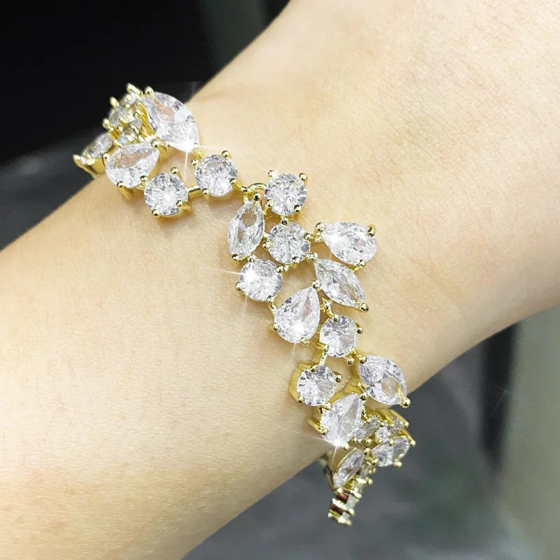 Luxury Leaf Shaped Bracelet Bangle White Cubic Zirconia