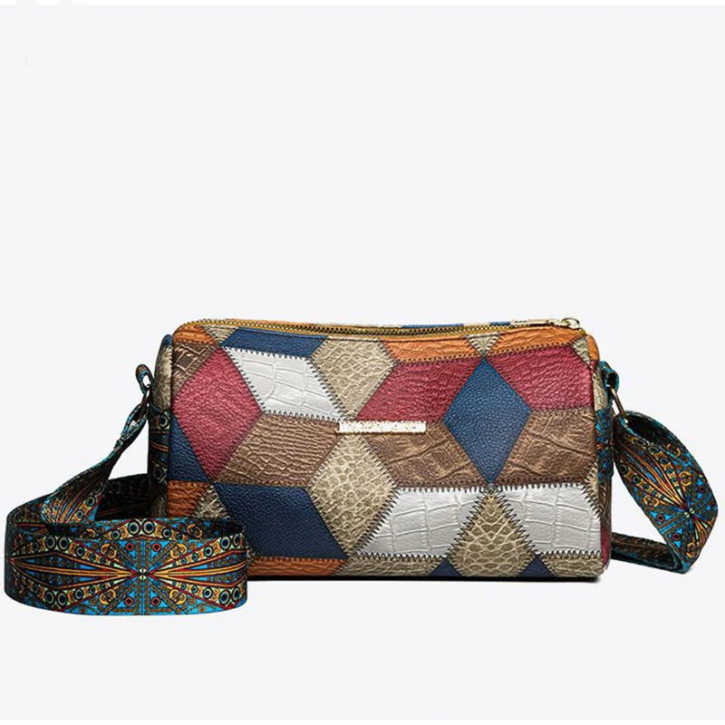 Distinctly ethnic style shoulder strap design neutral color rectangular crossbody bag