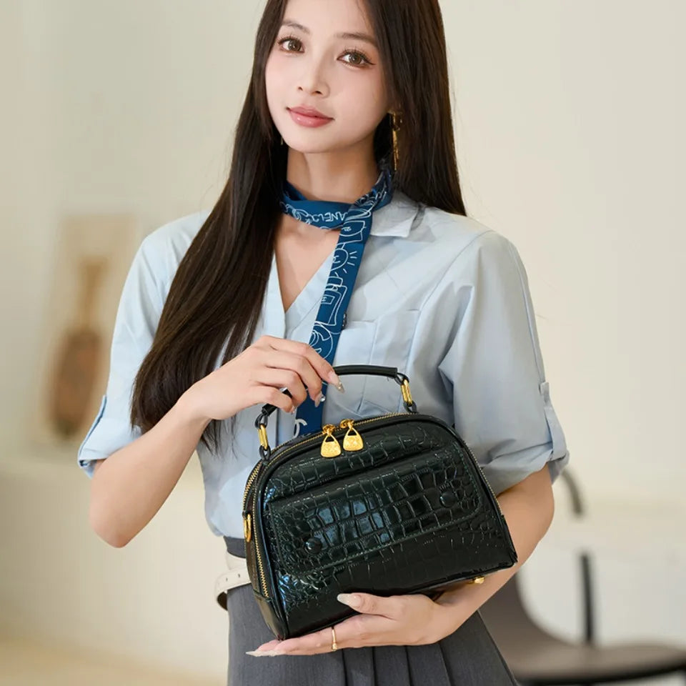 Two Layers Tote Bags Alligator Patent Leather Handbag