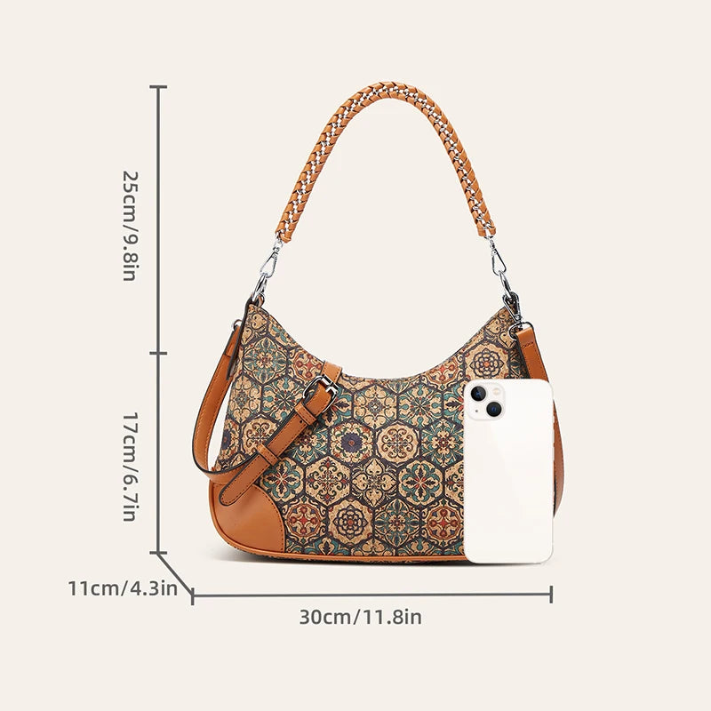 Crossbody Cork Leather Patchwork PU National Printing Half Moon Shoulder Bag
