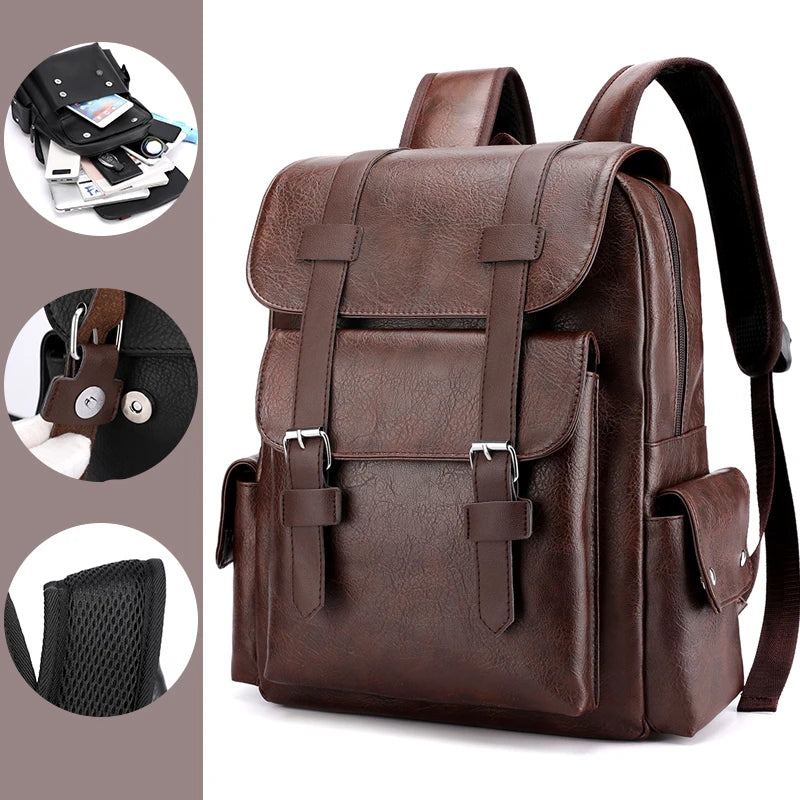 Men's Backpack PU Leather Bag for Large Laptop Backpack Male Travel Bag