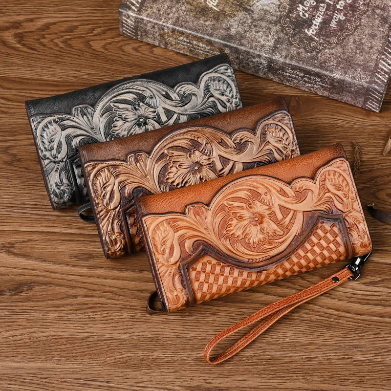 Floral Genuine Leather Wallet Women Handmade Clutch Bag