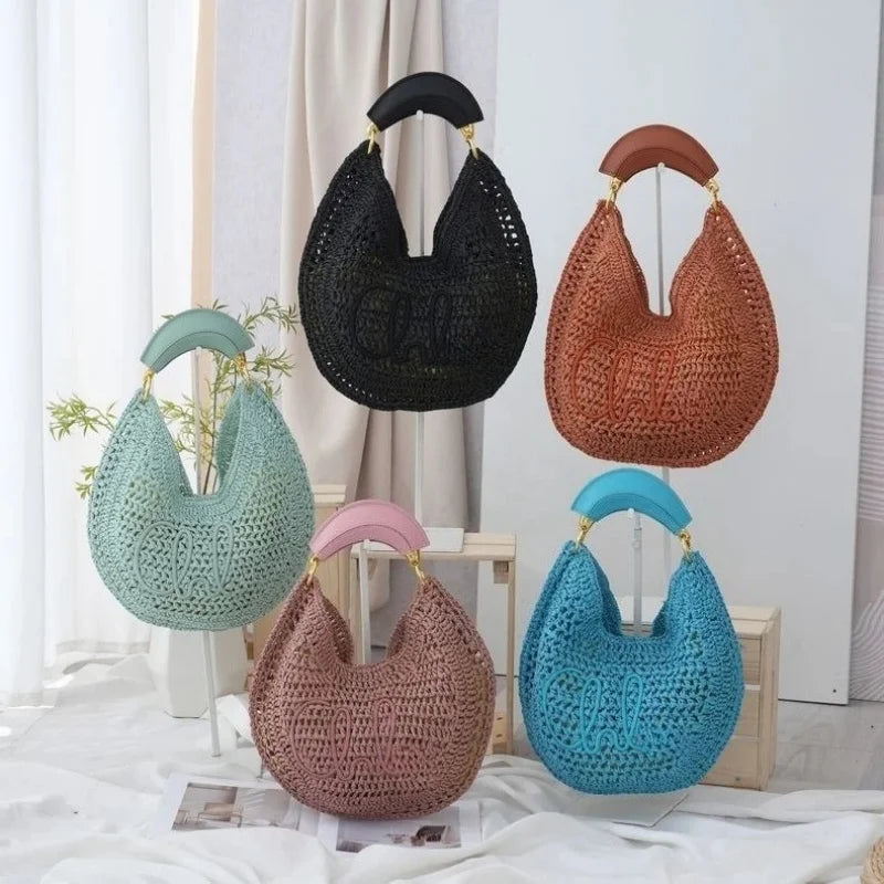 Straw Woven Crescent Hollow Design Large Capacity Bag