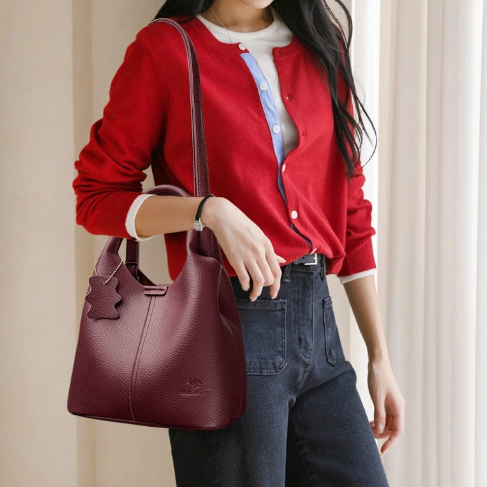 Genuine Brand Soft Pu Leather Women Bucket Bag High Quality Tote Handbag