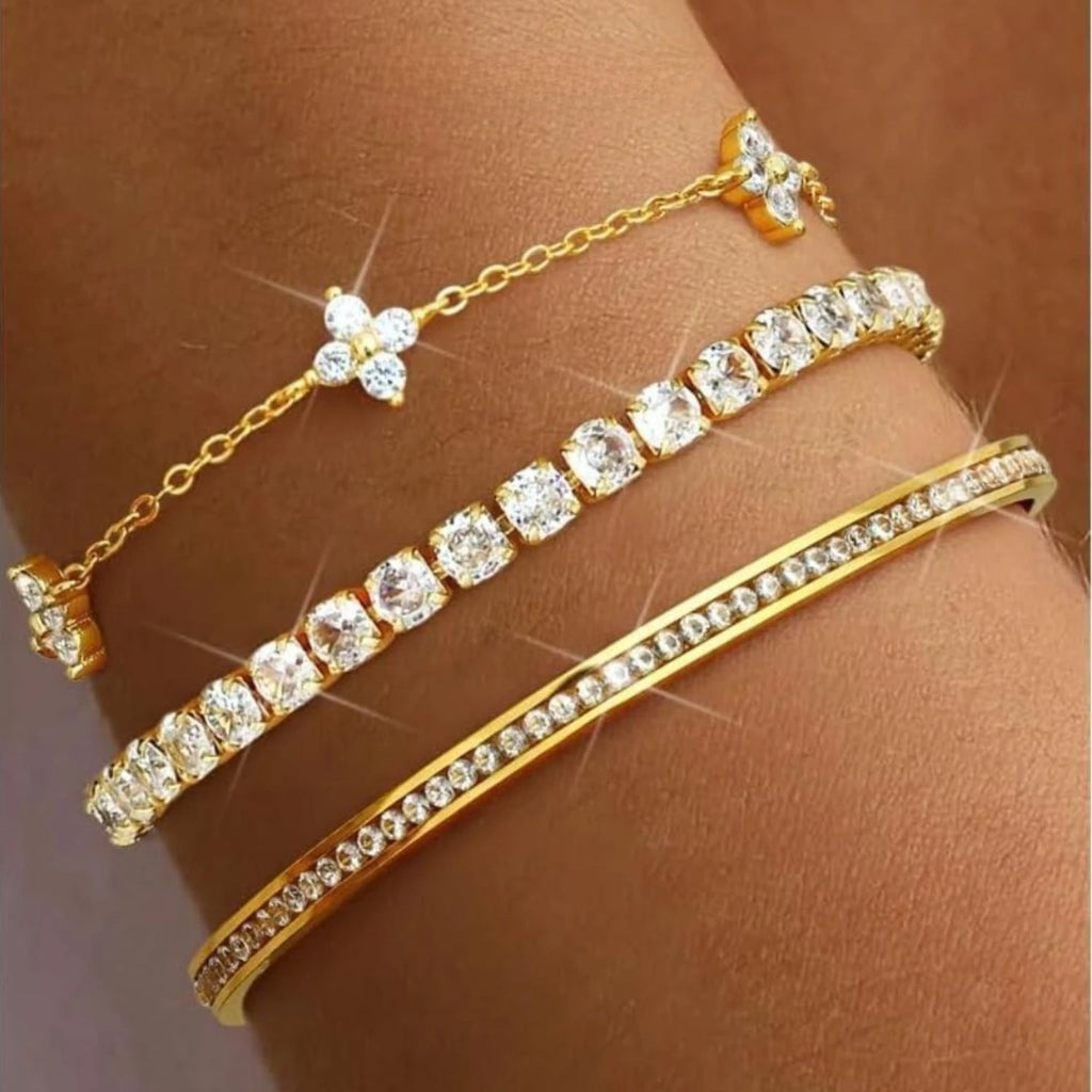 3PC Stackable Set Adjustable 14K Gold-Plated Tennis Bracelets